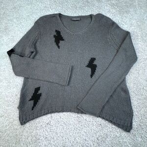 Wooden Ships Wool V Neck Lighting Bolt Sweater Gray Black S/M